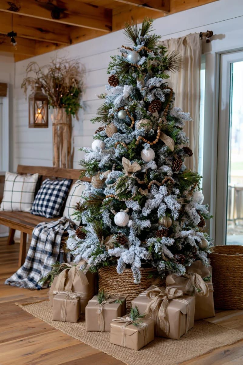 muted green and cream ornaments on a flocked farmhouse tree 1