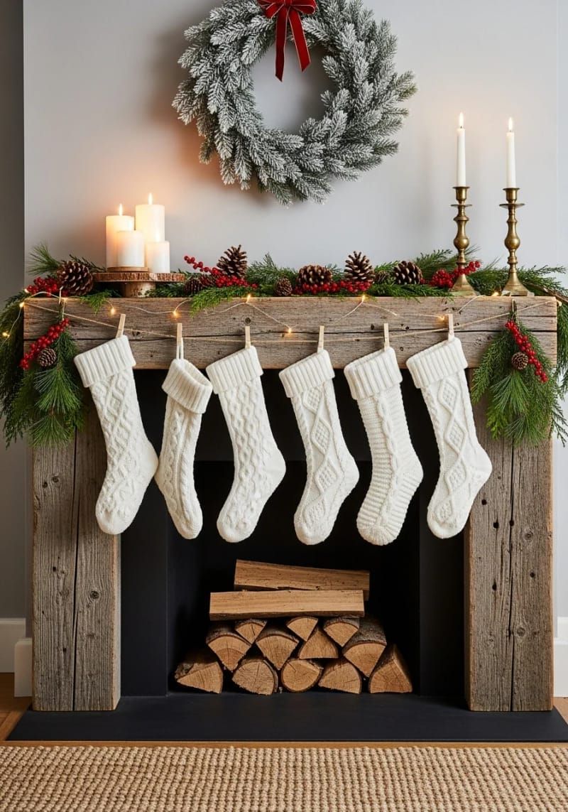 white knit stockings hung with wooden clothespins on a reclaimed wood mantel 1