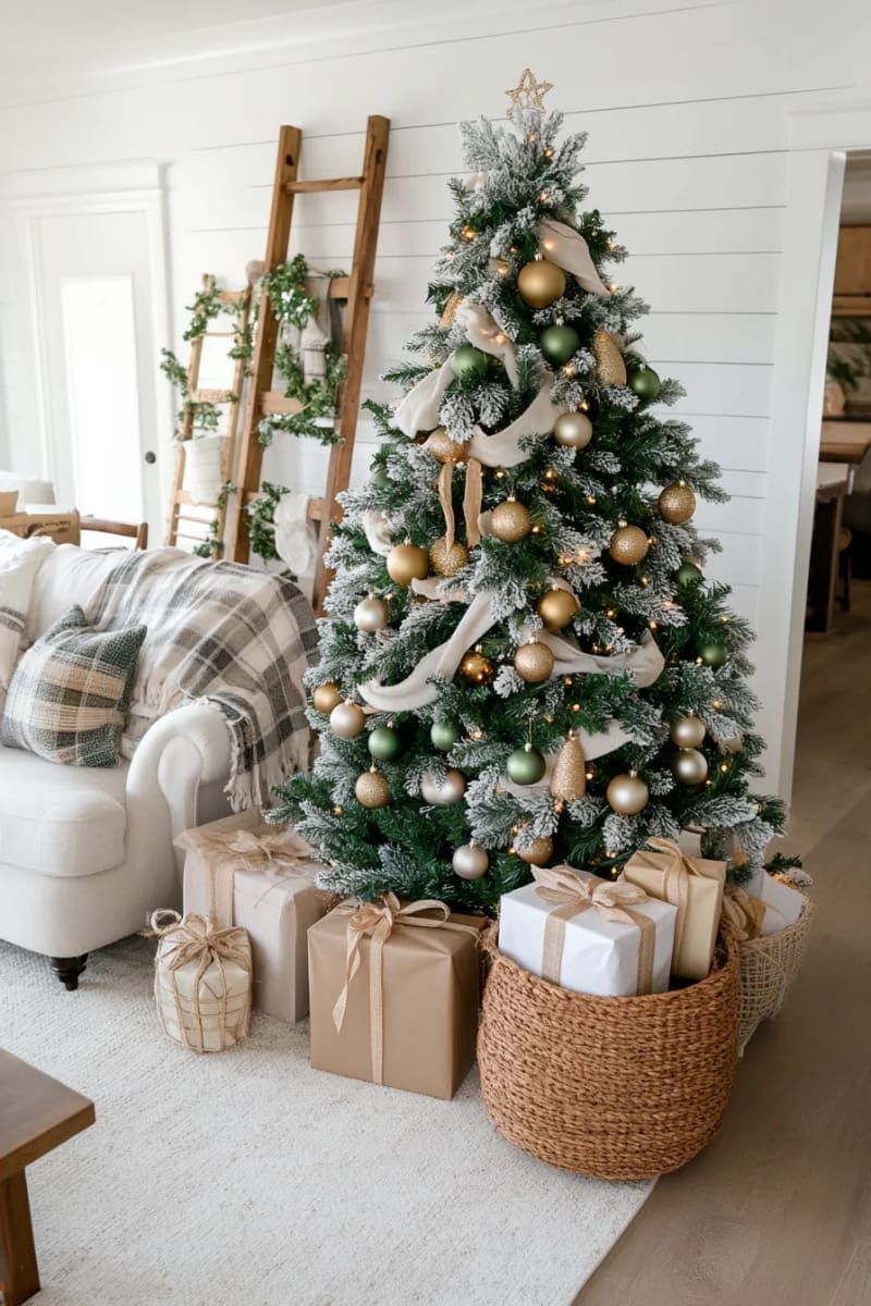 muted green and cream ornaments on a flocked farmhouse tree 1