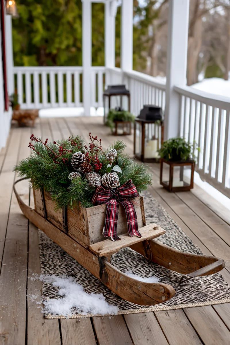 vintage sled decorated with greenery and plaid ribbon on the porch 1