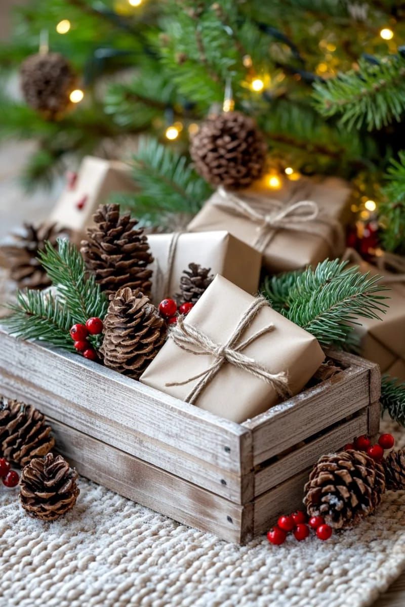 wooden crate with wrapped presents and pinecones under the tree 1