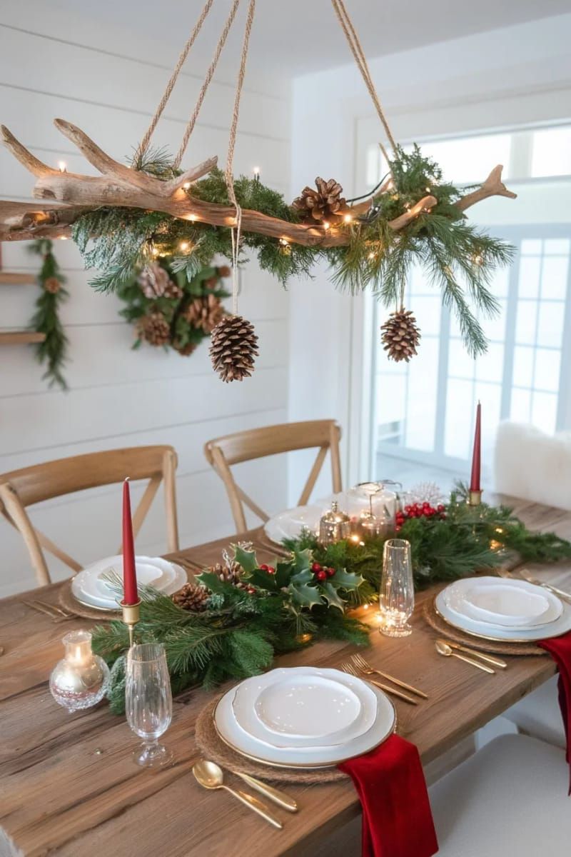 pine branch chandelier tied with velvet ribbons above the dining table 1