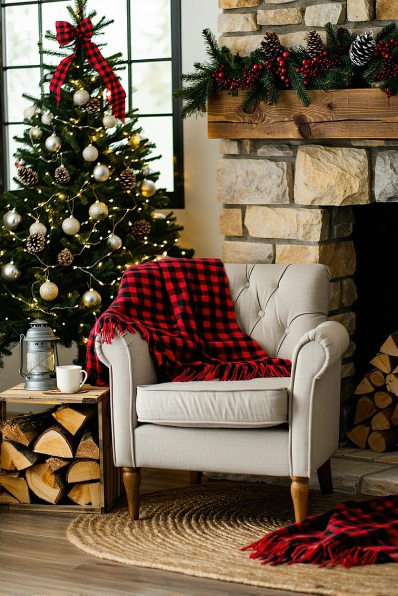 buffalo plaid blankets draped over a neutral linen armchair by the fireplace 1