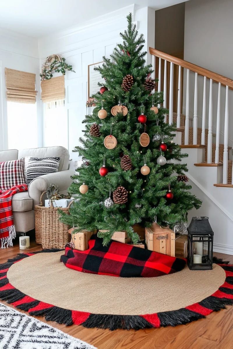 barn-inspired christmas tree skirt with burlap and plaid trim 1