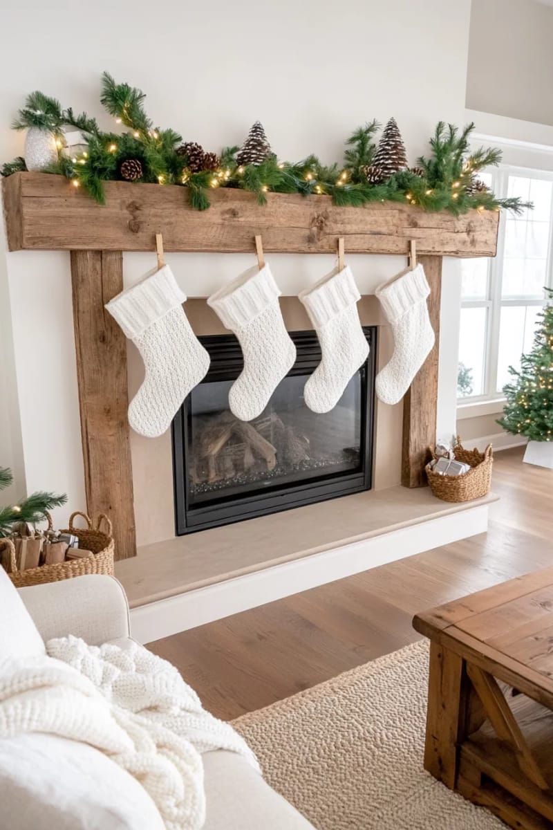 white knit stockings hung with wooden clothespins on a reclaimed wood mantel 1