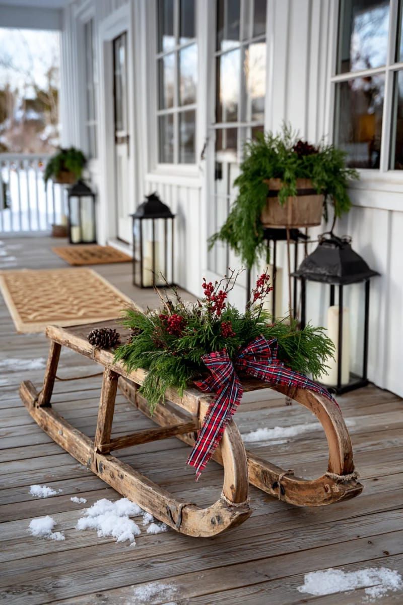 vintage sled decorated with greenery and plaid ribbon on the porch 1