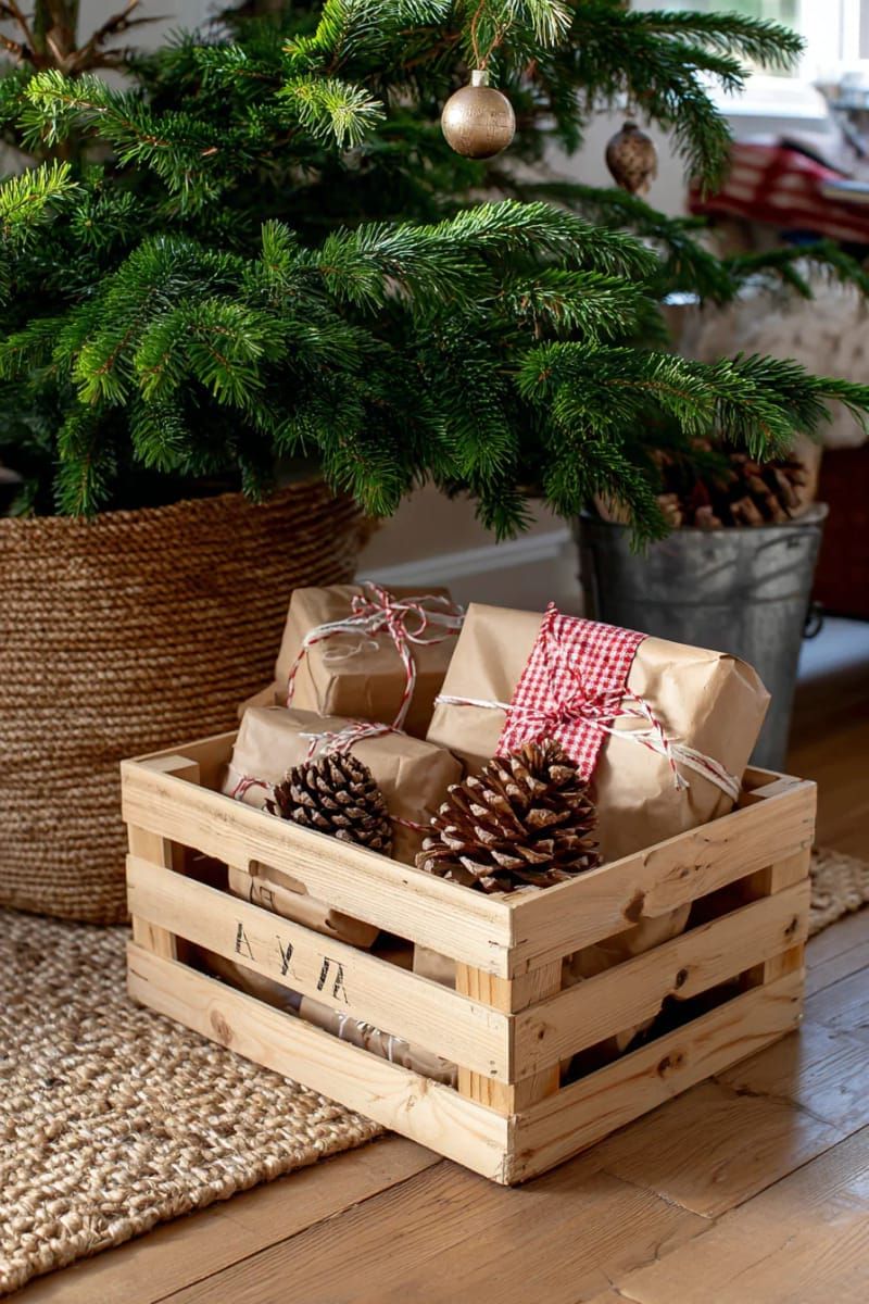wooden crate with wrapped presents and pinecones under the tree 1