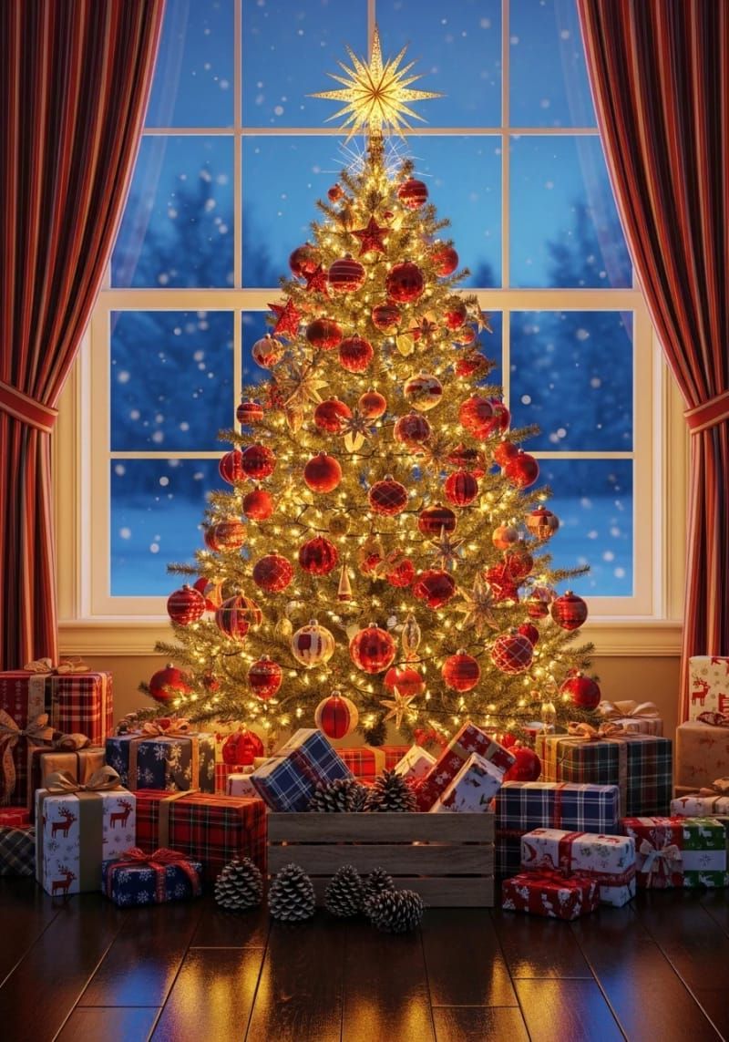 wooden crate with wrapped presents and pinecones under the tree 1
