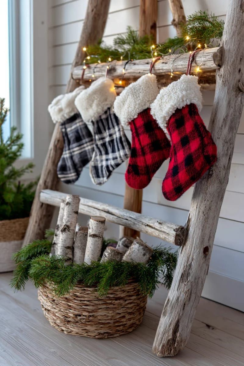 rustic wooden ladder with plaid stockings and fairy lights 1