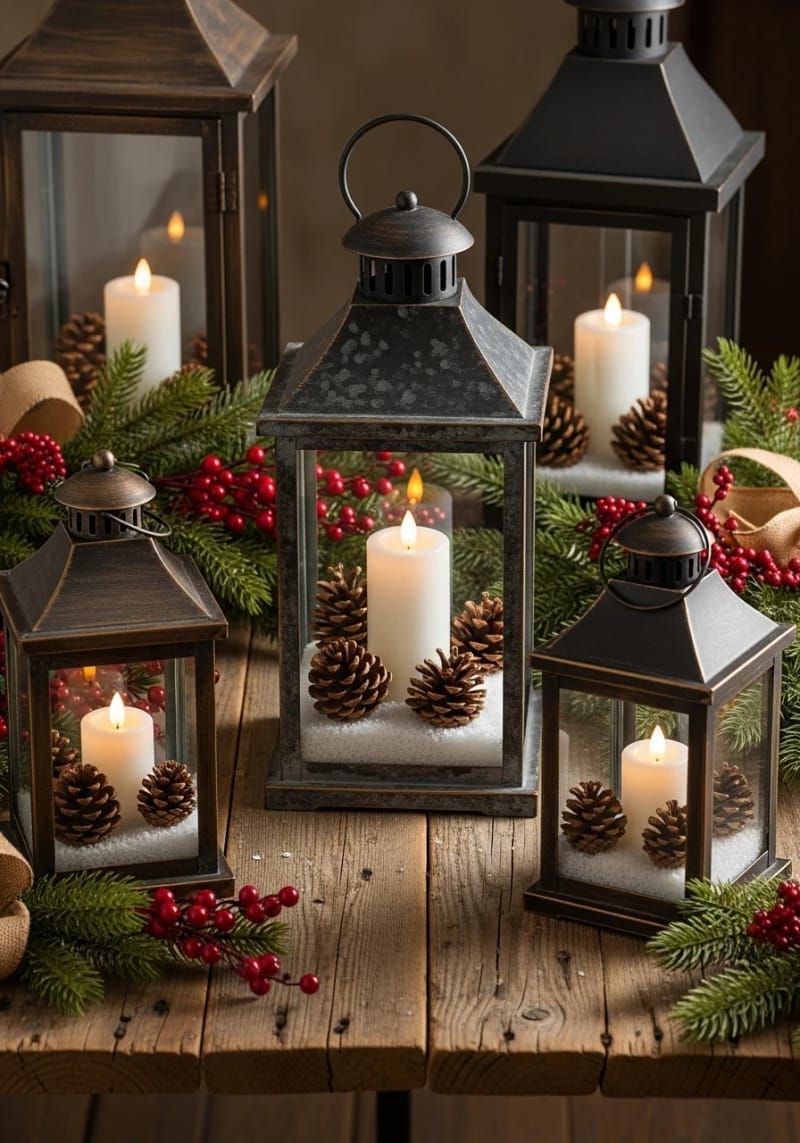 rustic lanterns filled with faux snow, pinecones, and led candles 1
