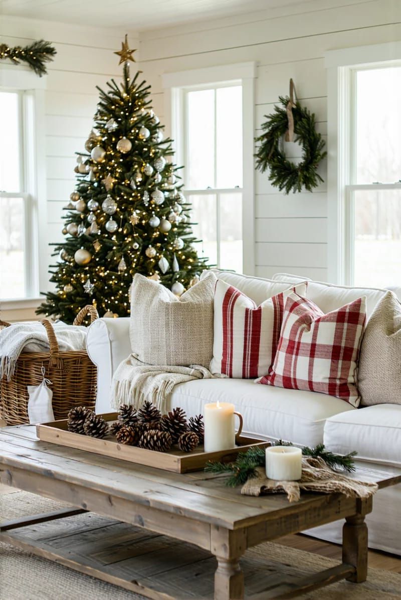 red ticking stripe pillows mixed with neutral throws on a slipcovered couch 1