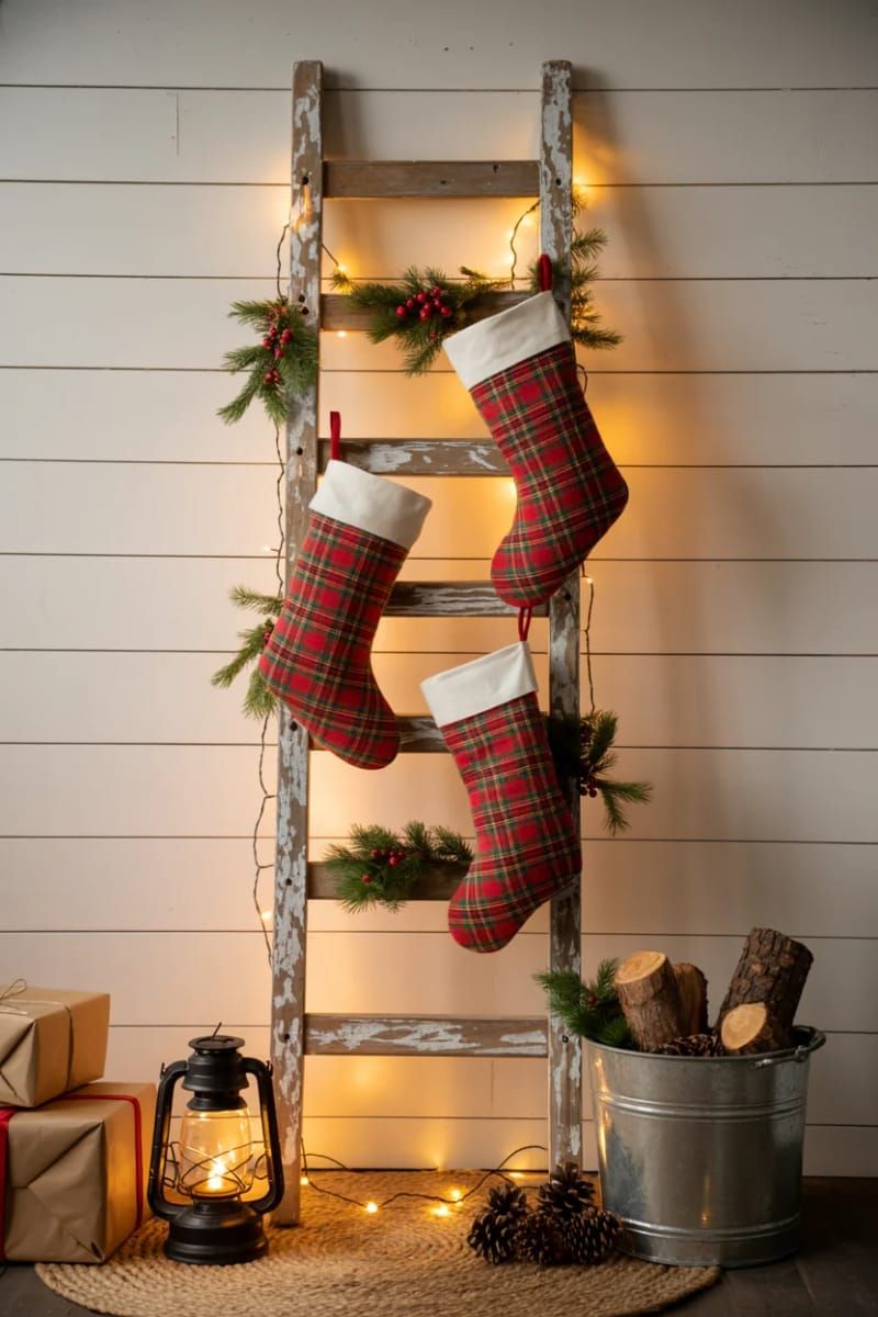 rustic wooden ladder with plaid stockings and fairy lights 1