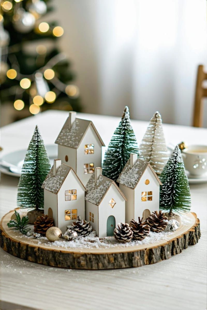 whitewashed wooden houses and bottle brush trees on a round tray 1