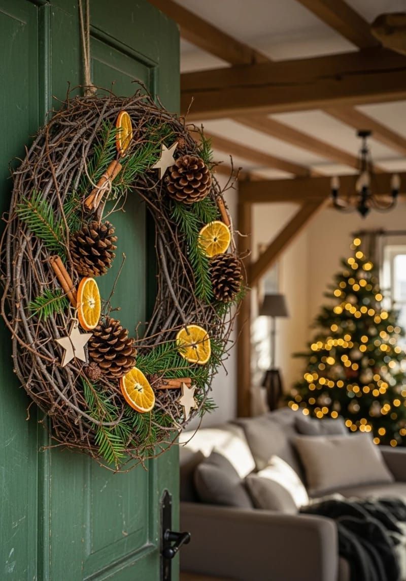 simple wreath with dried oranges and wooden stars for a country touch 1