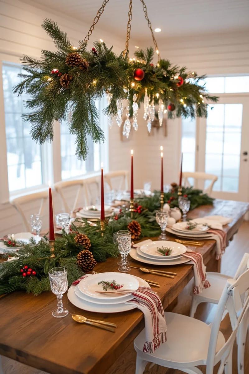pine branch chandelier tied with velvet ribbons above the dining table 1