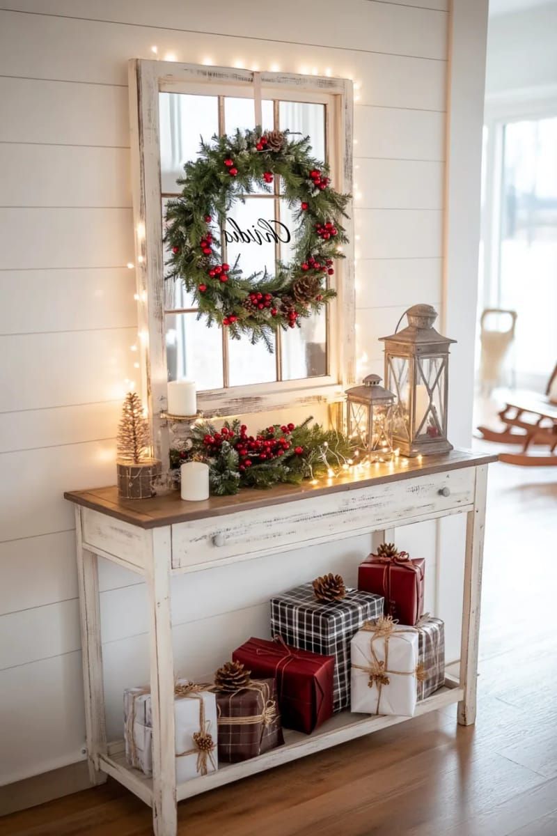 antique window frame with a wreath and christmas greeting in calligraphy 1
