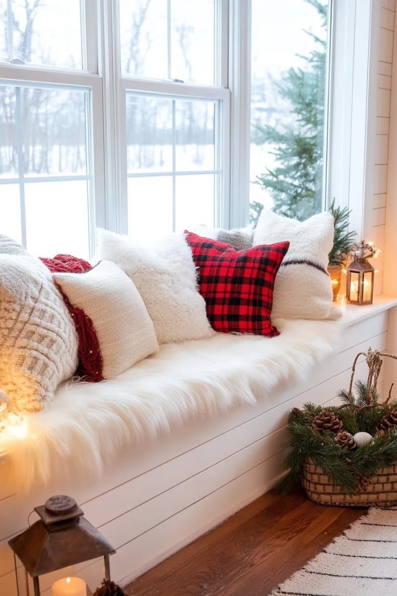 faux fur throws and pillows piled on a shiplap window seat 1