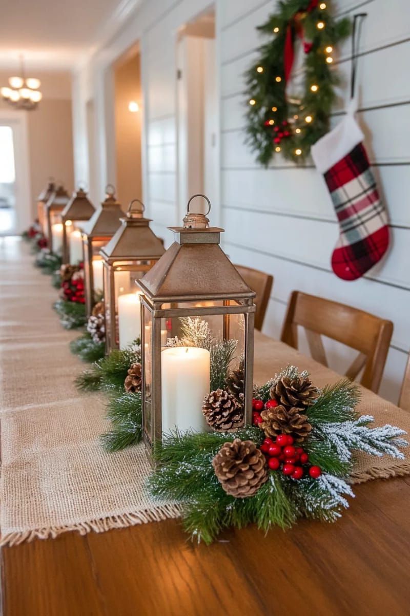 rustic lanterns filled with faux snow, pinecones, and led candles 1