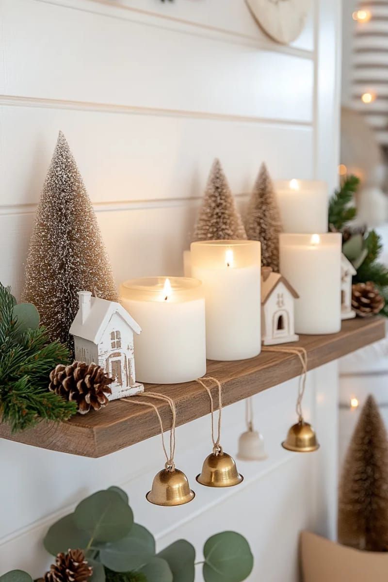 farmhouse wall shelf with vintage bells, candles, and mini pine trees 1
