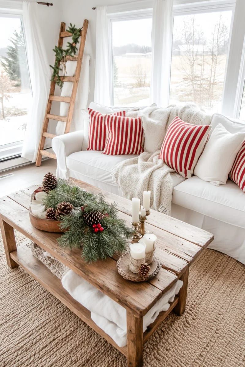 red ticking stripe pillows mixed with neutral throws on a slipcovered couch 1