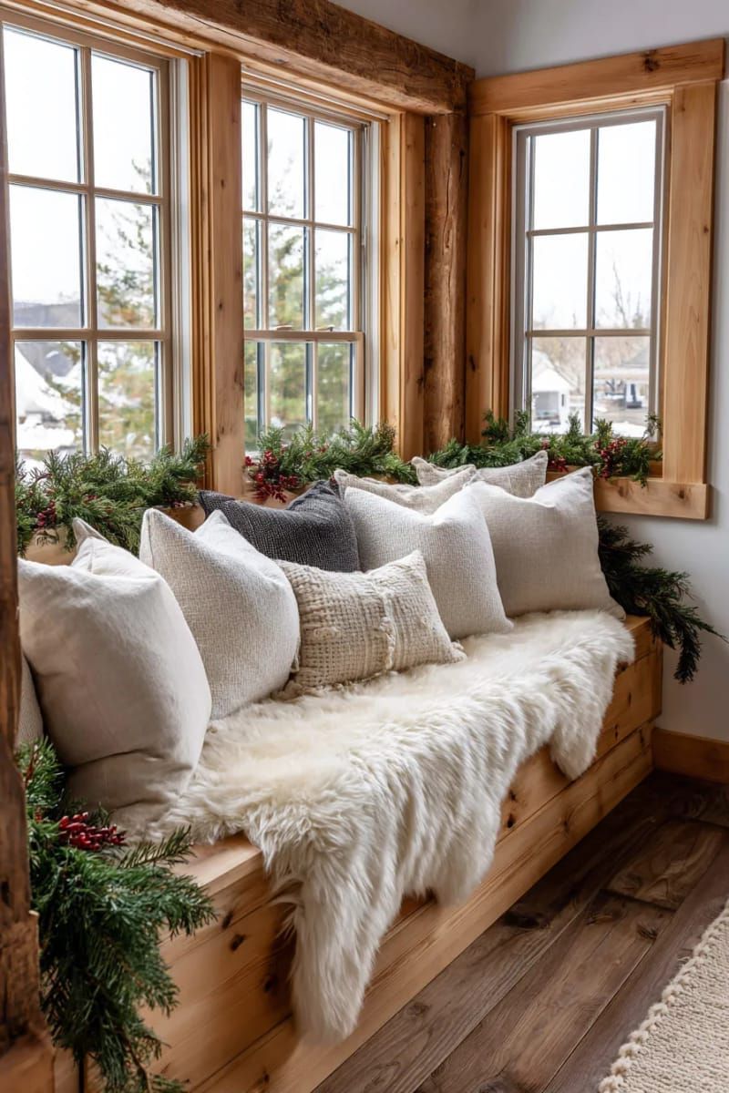 faux fur throws and pillows piled on a shiplap window seat 1