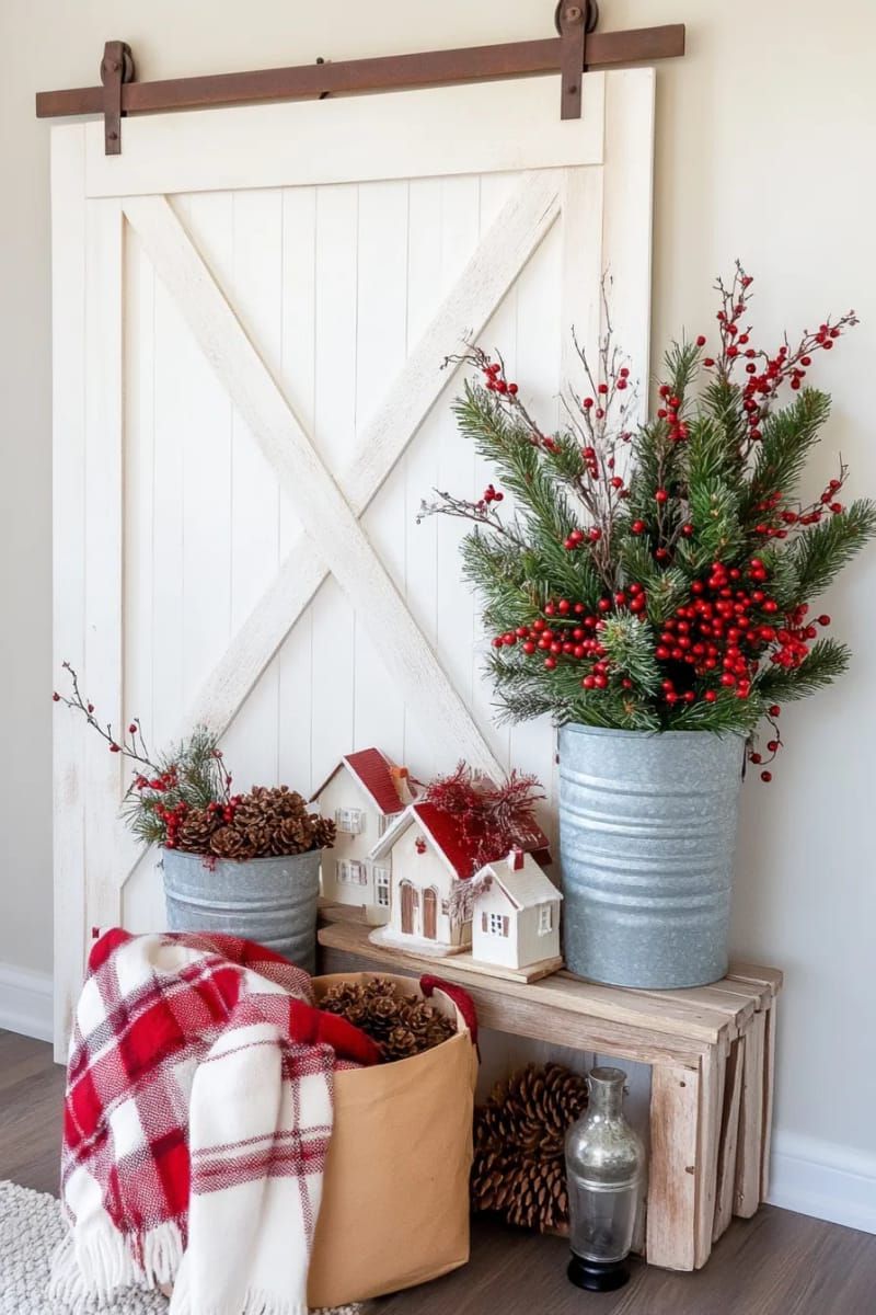 repurposed barn door backdrop for a christmas village display 1