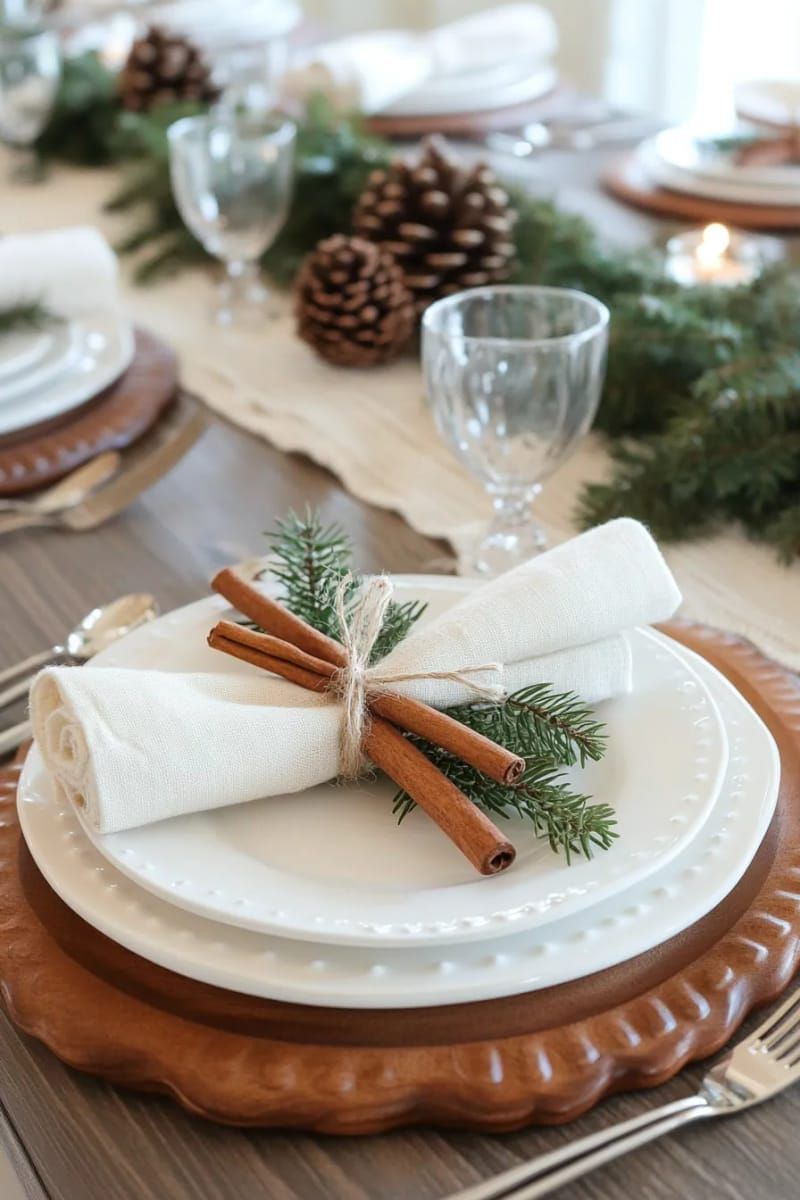 neutral linen napkins tied with cinnamon sticks and twine for place settings 1