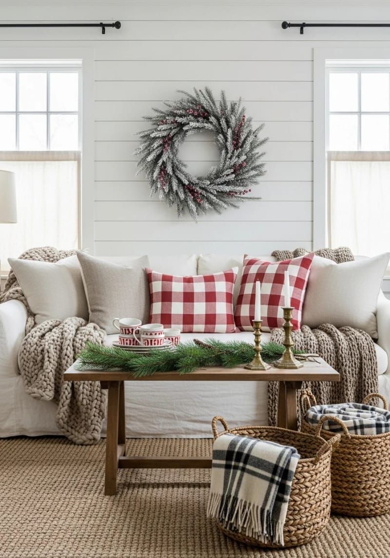 red ticking stripe pillows mixed with neutral throws on a slipcovered couch 1