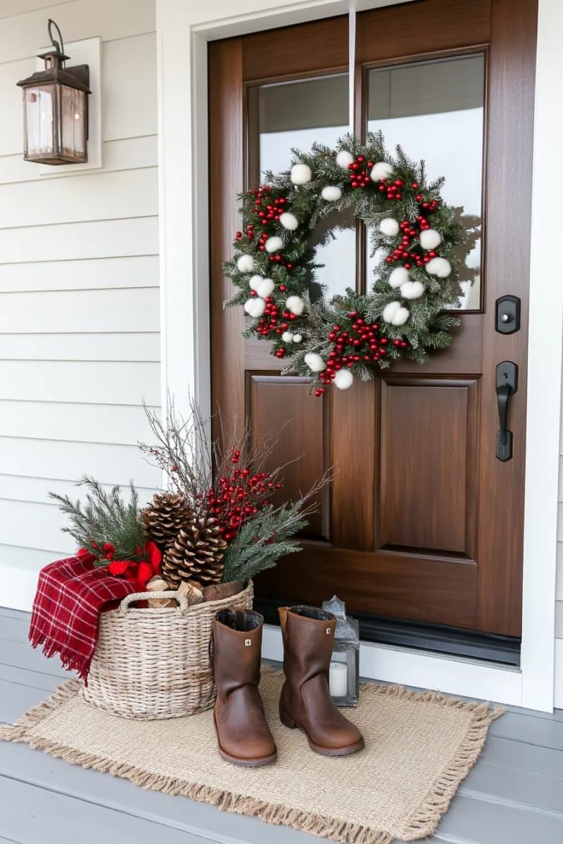 pinecone and cotton wreath with string lights for a rustic farmhouse entryway 1