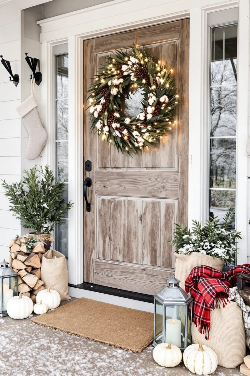 pinecone and cotton wreath with string lights for a rustic farmhouse entryway 1