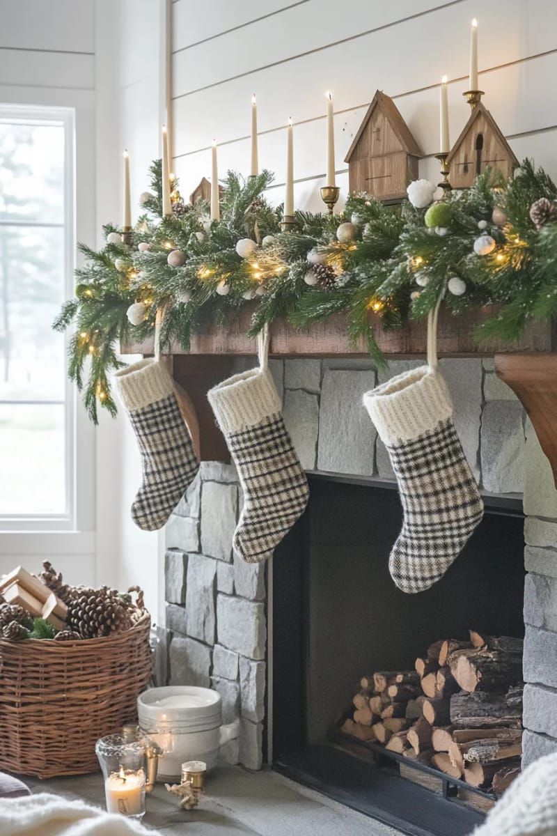 mantel garland with eucalyptus, pine, and white berry sprigs 1