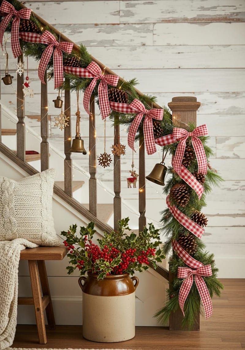 gingham ribbon garland woven through a rustic banister 1