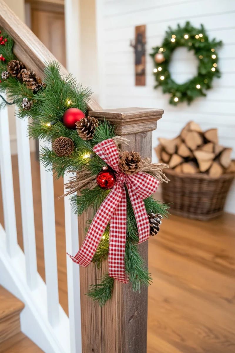 gingham ribbon garland woven through a rustic banister 1