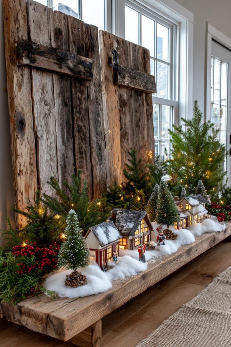 repurposed barn door backdrop for a christmas village display 1