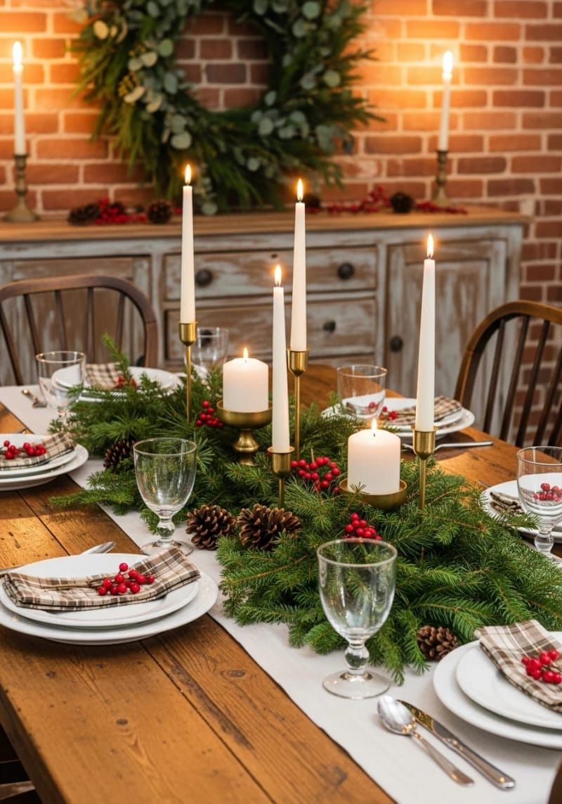 farmhouse dining table centerpiece with pine branches and gold candleholders 1