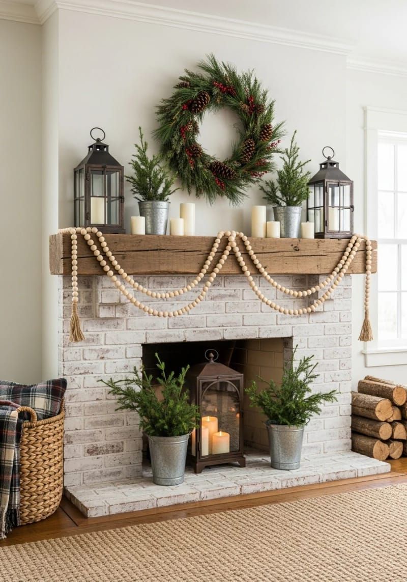 wooden bead garlands strung across a farmhouse fireplace 1