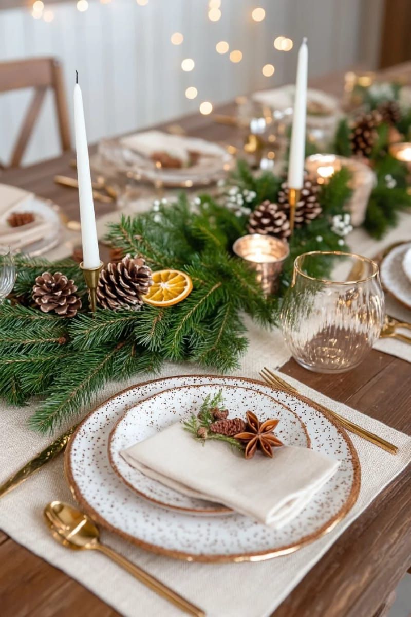 farmhouse dining table centerpiece with pine branches and gold candleholders 1