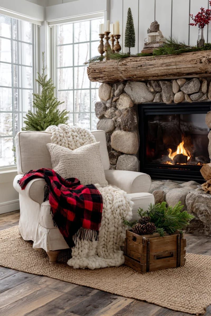 buffalo plaid blankets draped over a neutral linen armchair by the fireplace 1