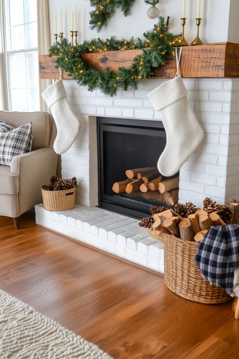 wooden bead garlands strung across a farmhouse fireplace 1