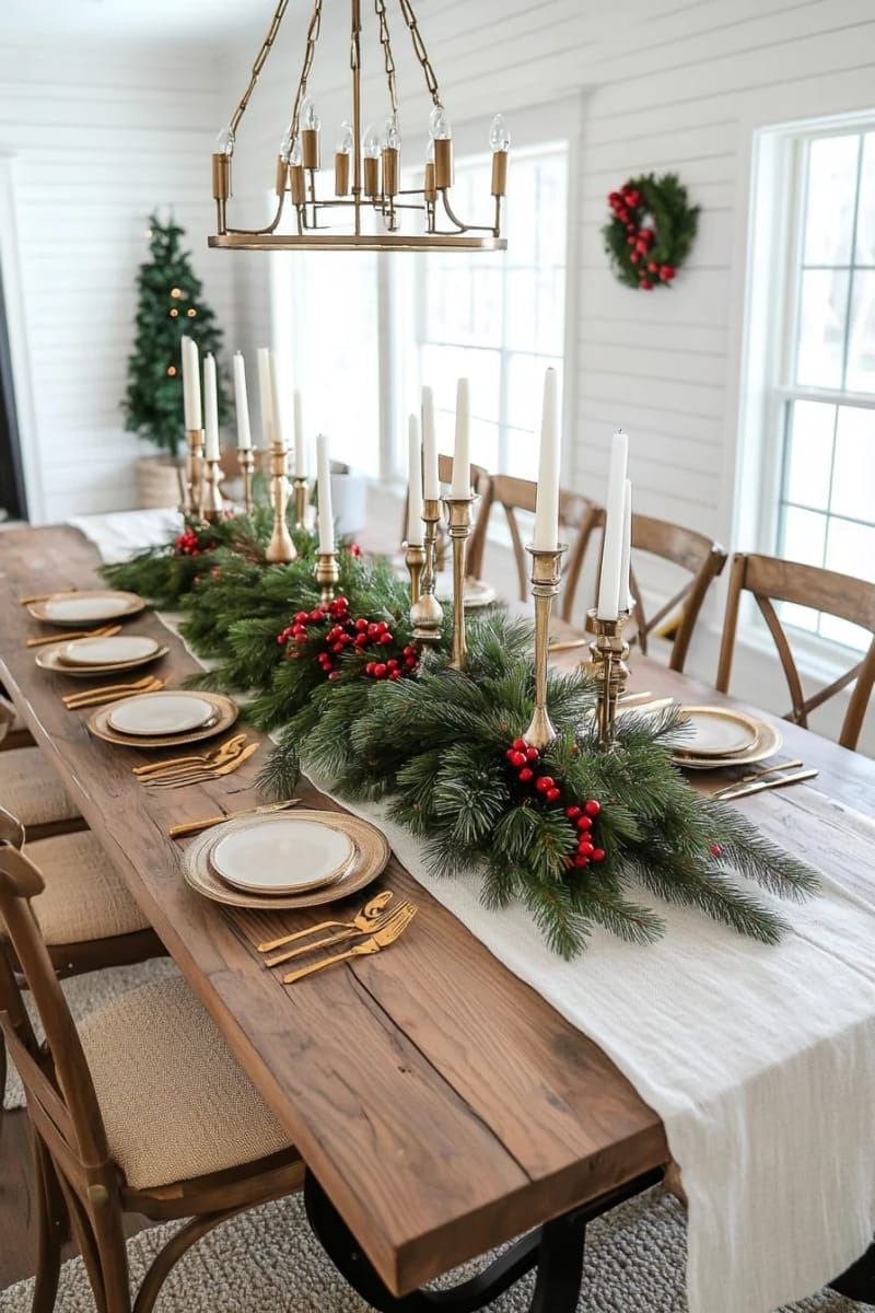 farmhouse dining table centerpiece with pine branches and gold candleholders 1
