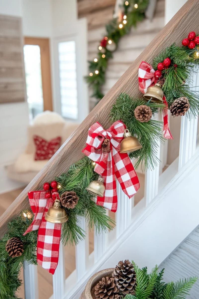 gingham ribbon garland woven through a rustic banister 1