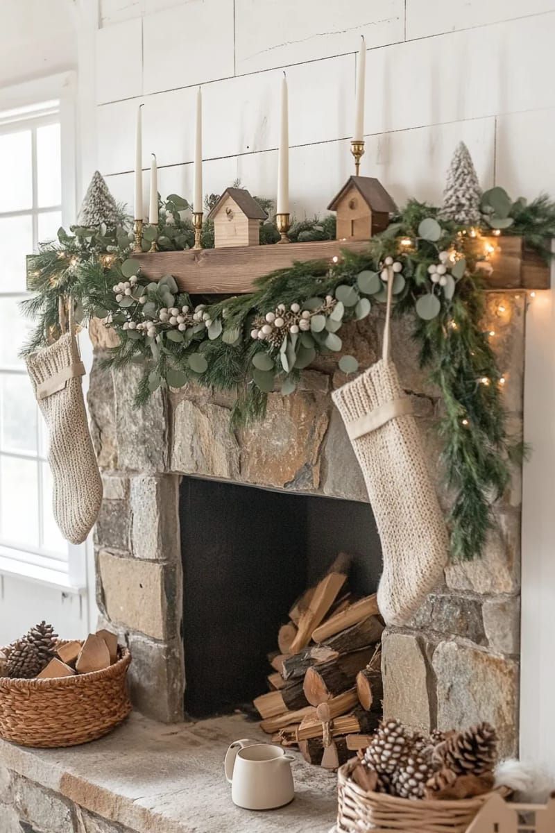 mantel garland with eucalyptus, pine, and white berry sprigs 1