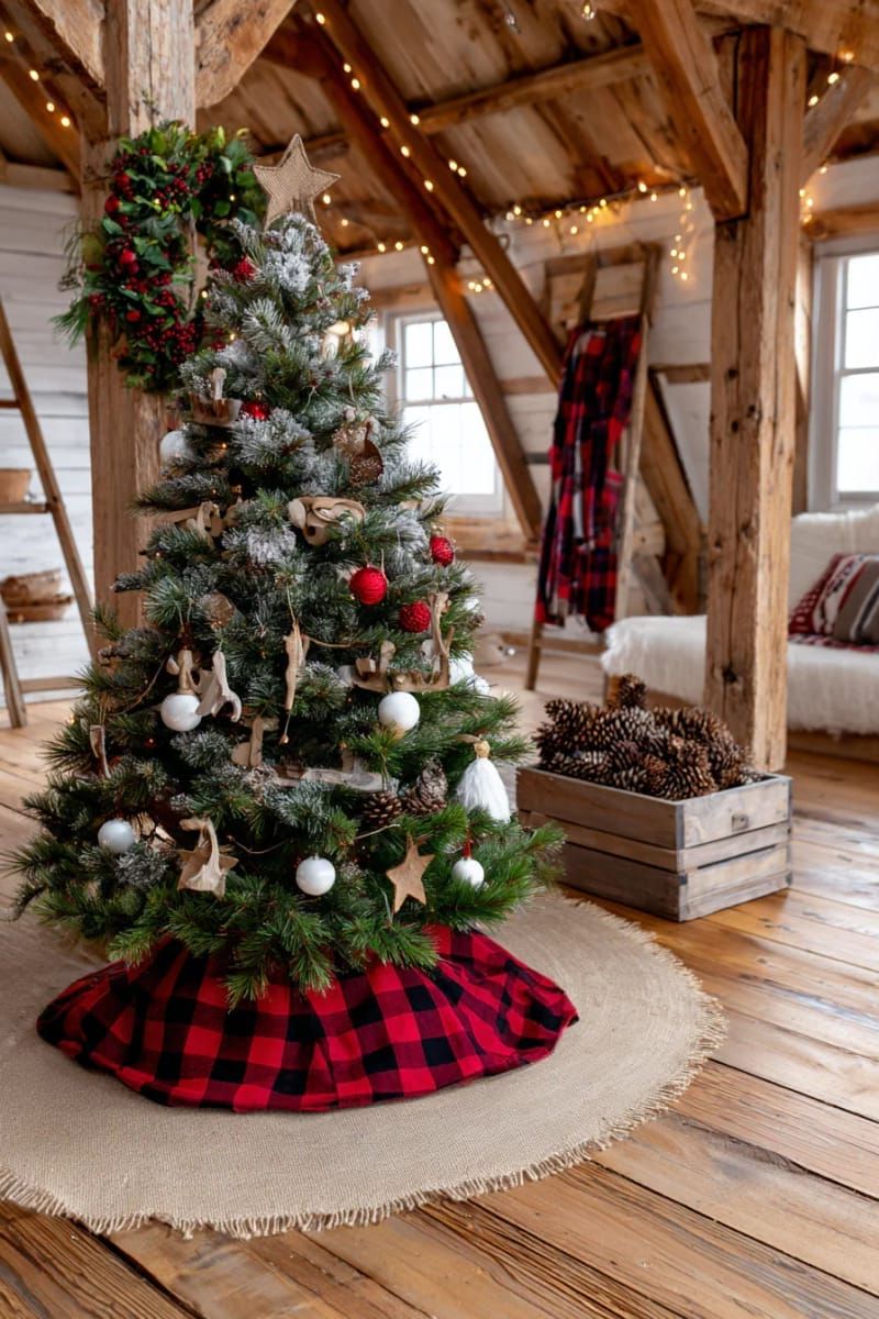 barn-inspired christmas tree skirt with burlap and plaid trim 1