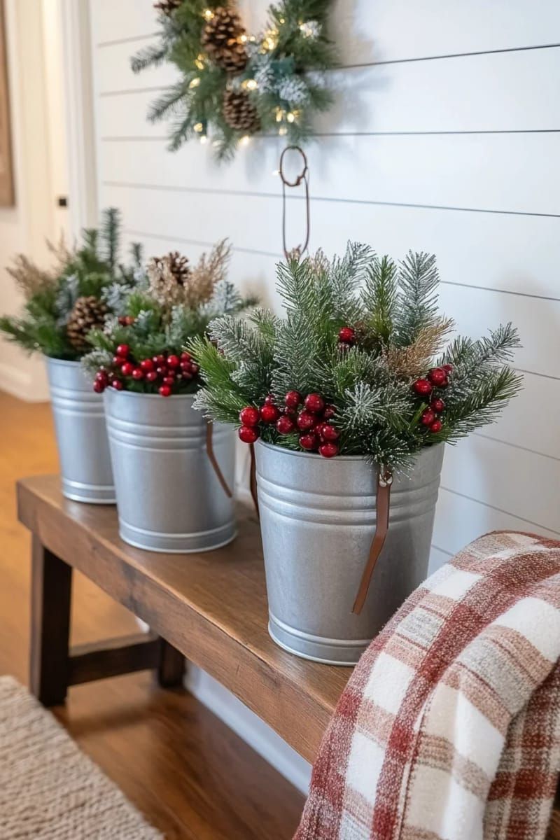 galvanized metal buckets filled with mini pine trees and cranberries 1