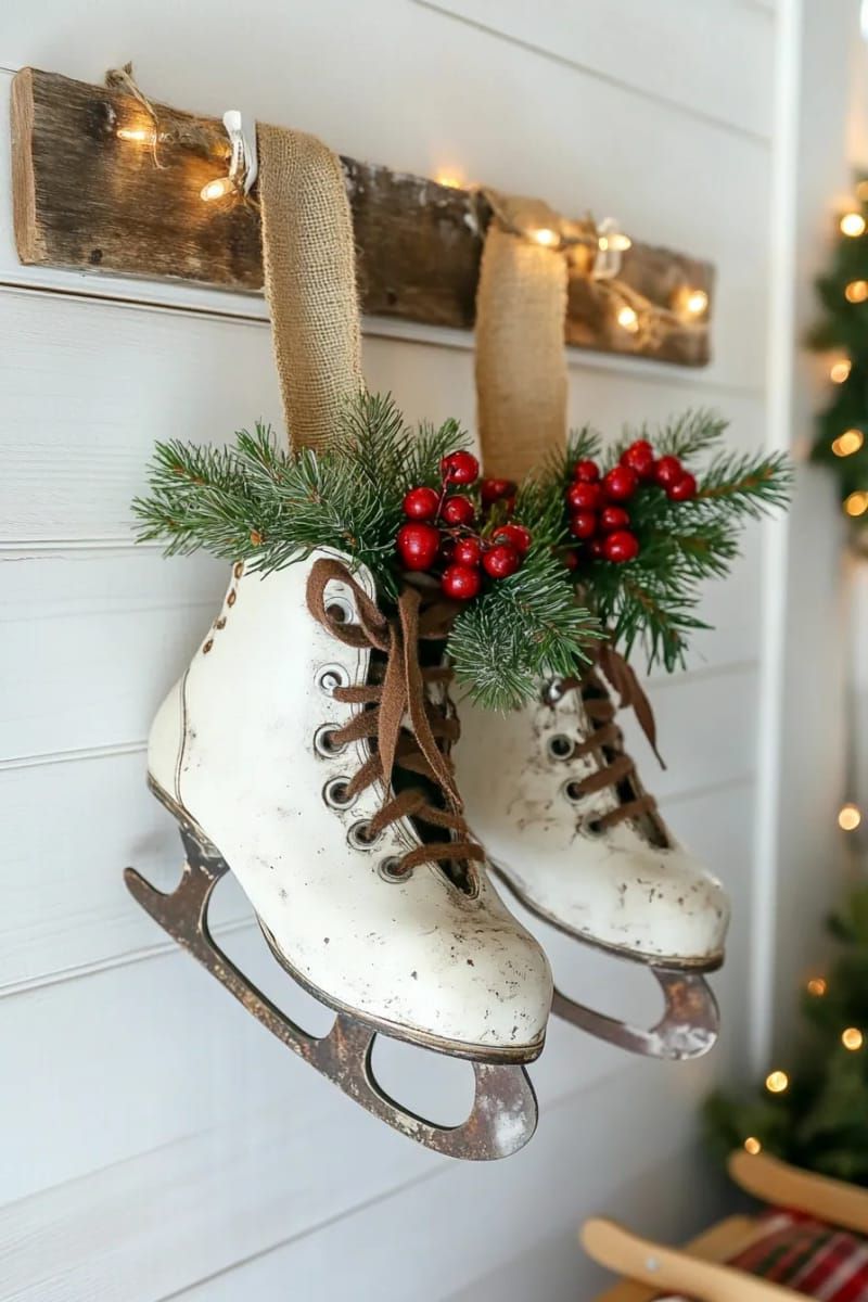 old-fashioned ice skates hung with greenery as a festive wall accent 1