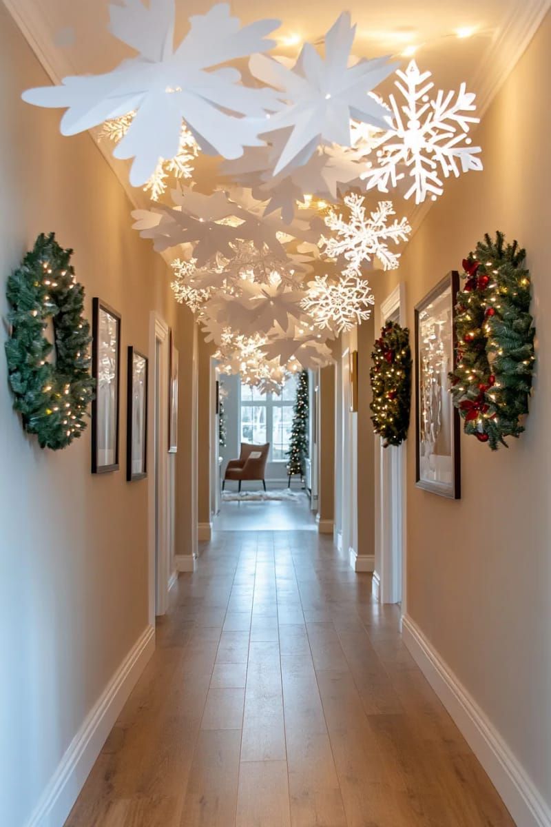 floating paper snowflake cloud for a magical winter hallway effect 1
