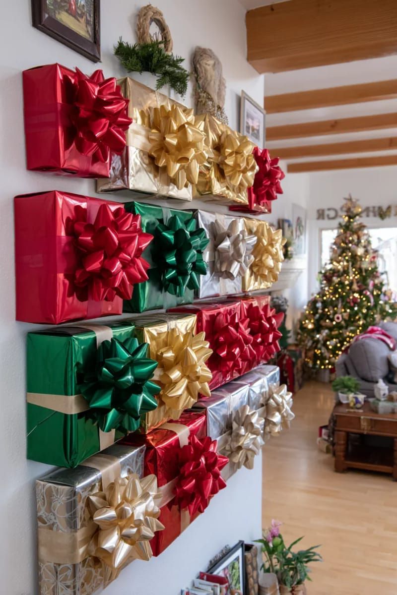 gift box wall installation with bows for a festive statement piece 1