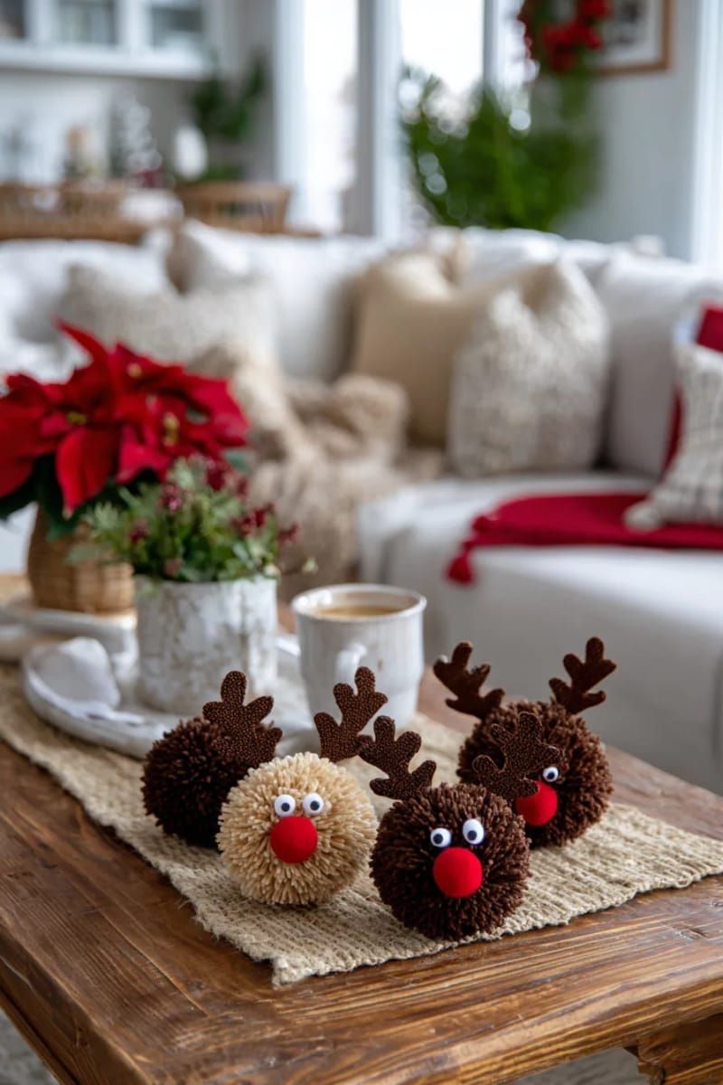 pom-pom reindeer faces using brown yarn and red felt noses 1