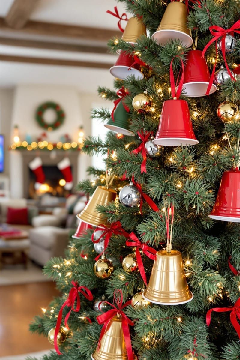 bell-shaped ornaments from painted plastic cups and jingle bells 1