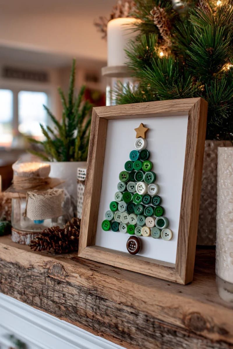 framed mini christmas tree made from layered green buttons 1